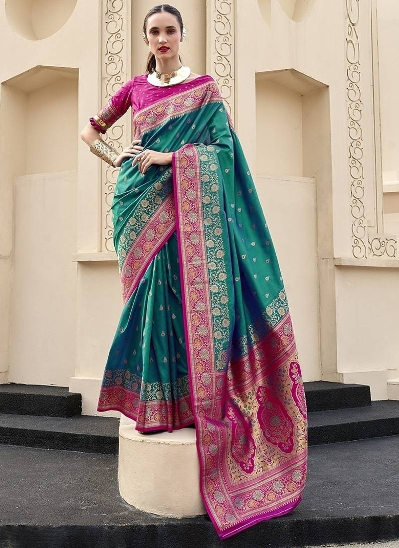 cyan banarasi silk blend festive wear saree