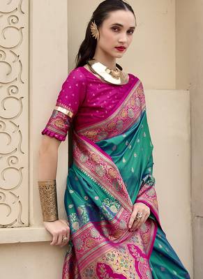 cyan banarasi silk blend festive wear saree 2