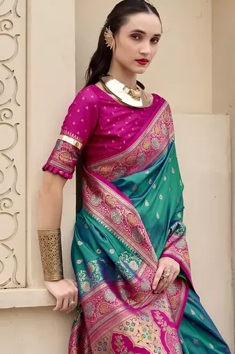 cyan banarasi silk blend festive wear saree