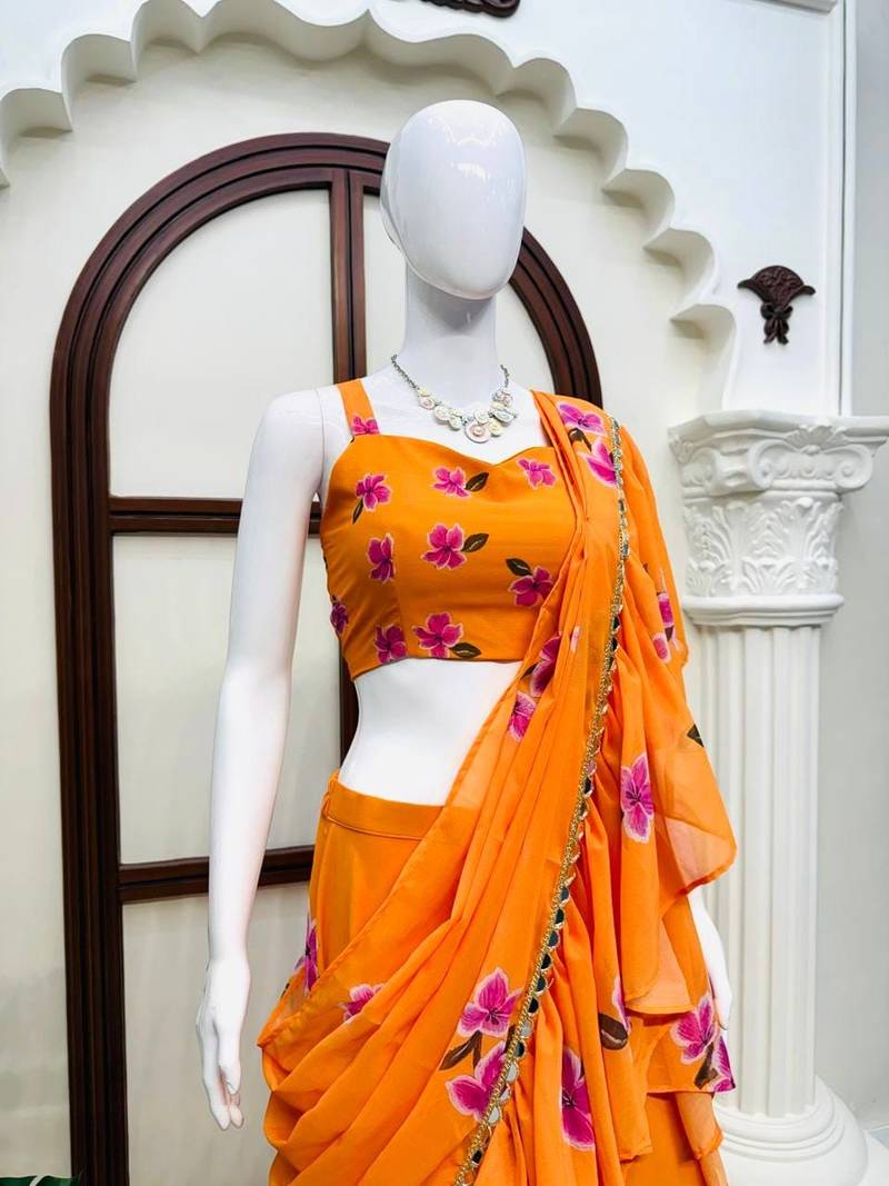 Designer Ready To Wear Floral Lehenga Saree With Ruffle Pallu