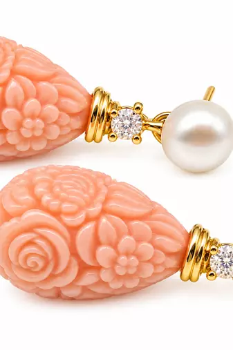 Certified natural freshwater pearls jewellery pearl & carved coral drop earrings with cz, 25x12 mm