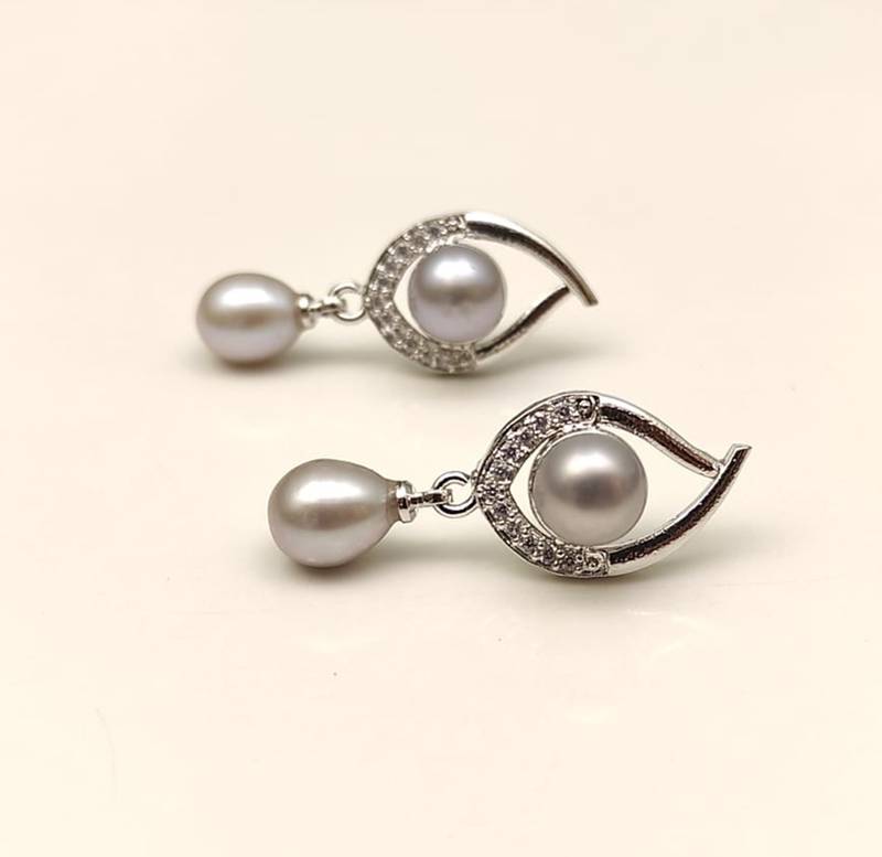 Certified natural freshwater pearls jewellery freshwater pearl drop earrings with crystal studded silver frame