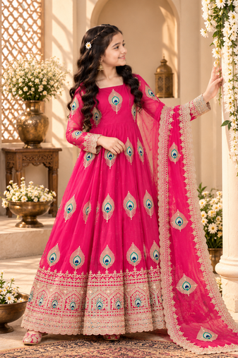 Heavy fendy silk embroidery thred and sequnce work rani pink readymade ethnic gown