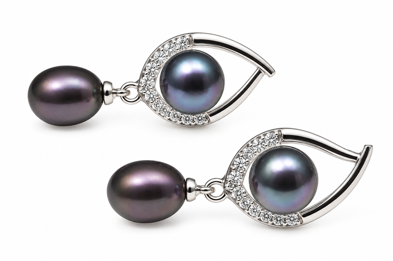 Certified natural freshwater pearls jewellery natural pearls black freshwater pearl drop earrings, 22x10 mm