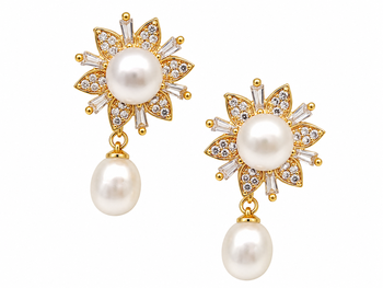 Certified natural freshwater pearls jewellery pearl drop earrings with cz floral stud, gold tone 5
