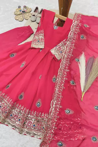 Heavy fendy silk embroidery thred and sequnce work rani pink readymade ethnic gown
