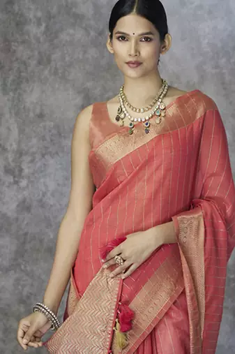 salmon cotton silk festival wear saree