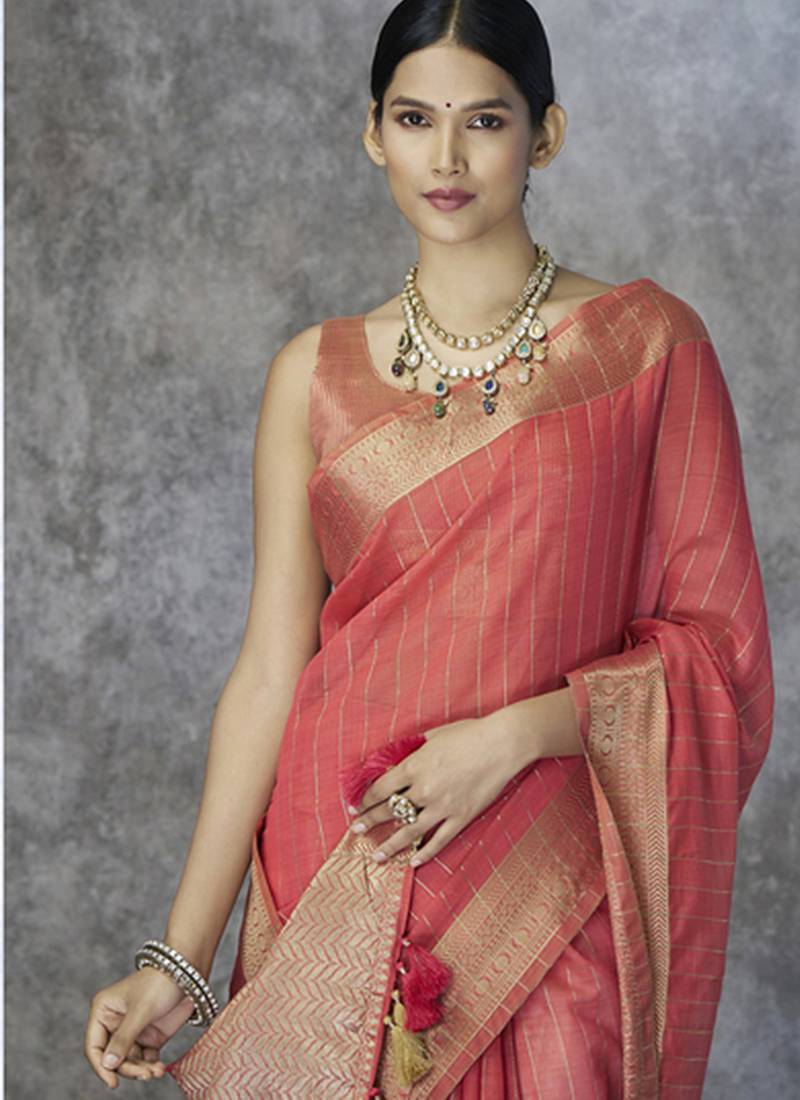 salmon cotton silk festival wear saree