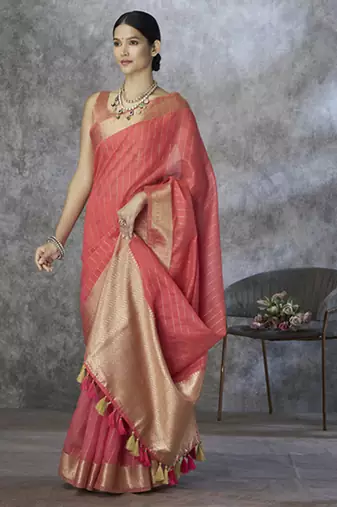 salmon cotton silk festival wear saree