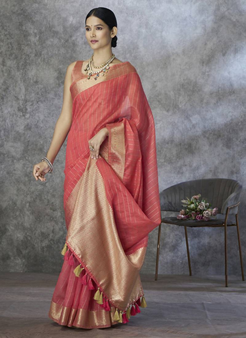 salmon cotton silk festival wear saree