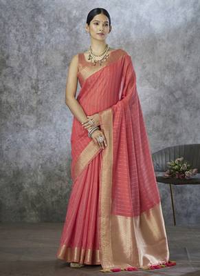 salmon cotton silk festival wear saree 1