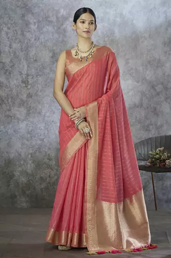 salmon cotton silk festival wear saree