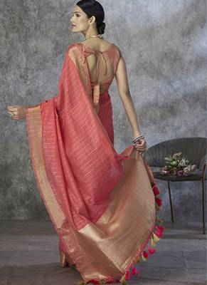 salmon cotton silk festival wear saree 4