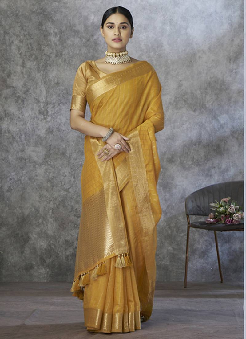 mustard cotton silk festival wear saree