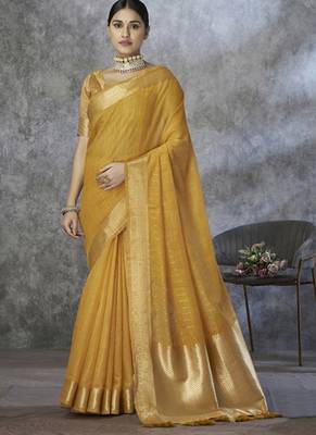 mustard cotton silk festival wear saree 1