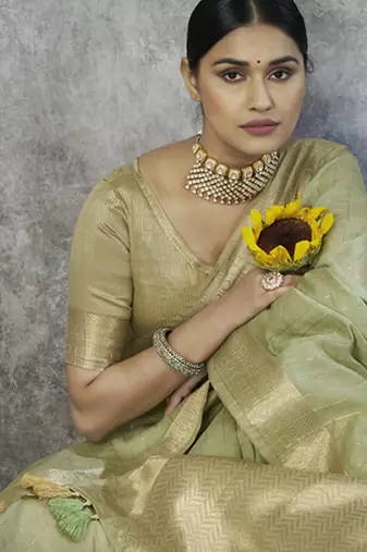 sage green cotton silk festival wear saree