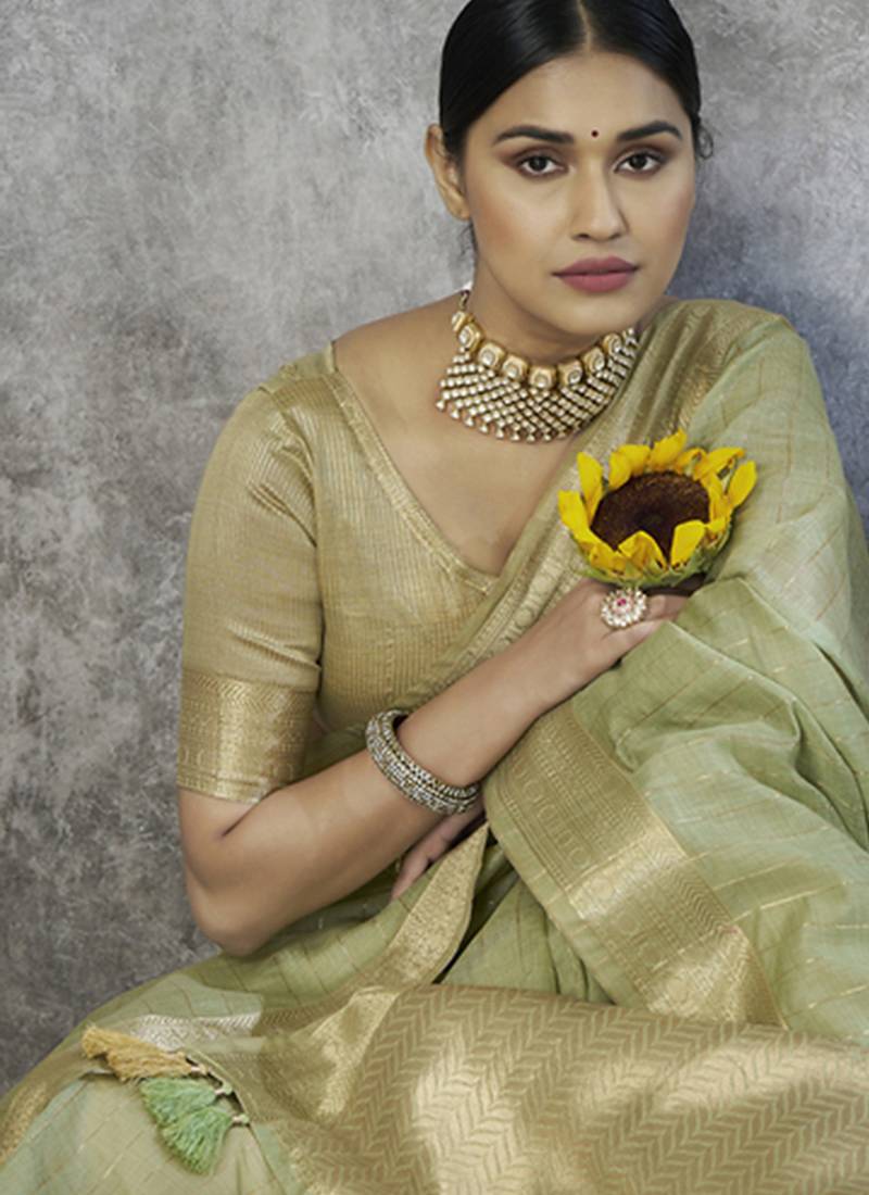sage green cotton silk festival wear saree
