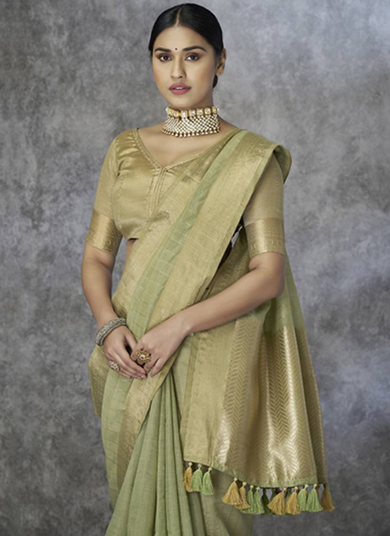 sage green cotton silk festival wear saree
