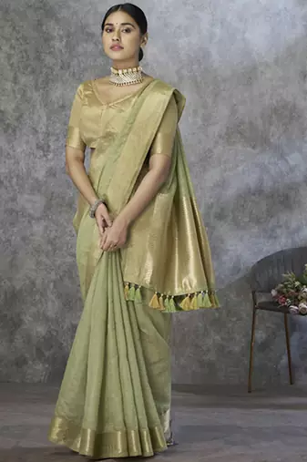 sage green cotton silk festival wear saree