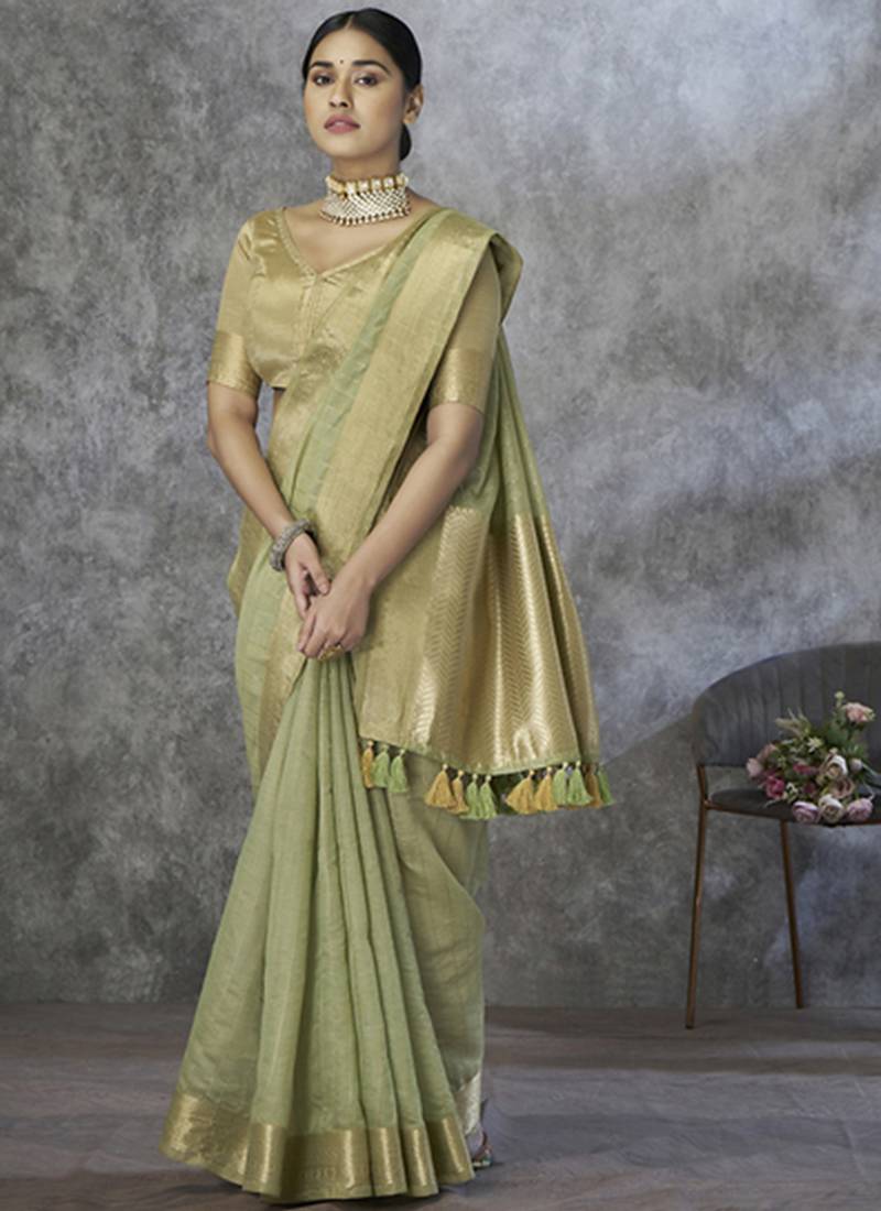 sage green cotton silk festival wear saree
