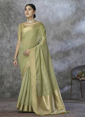 sage green cotton silk festival wear saree 1