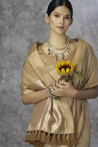 beige cotton silk festival wear saree
