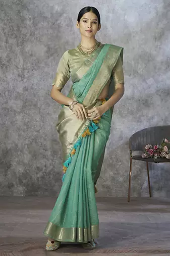 sky blue cotton silk festival wear saree