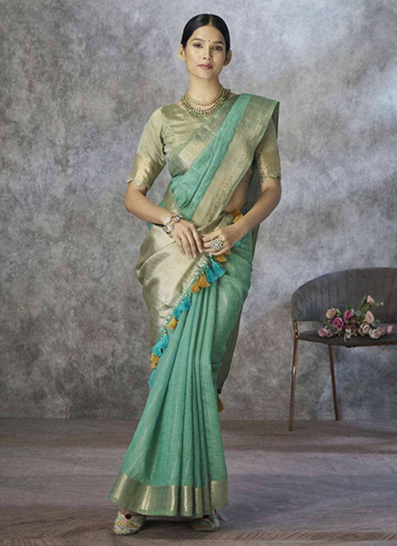sky blue cotton silk festival wear saree