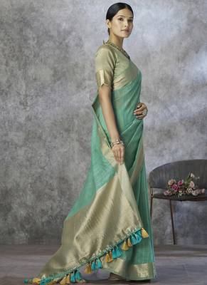 sky blue cotton silk festival wear saree 3