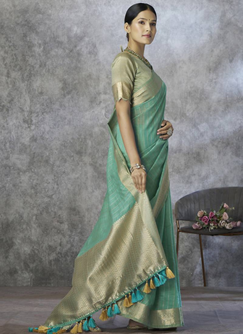 sky blue cotton silk festival wear saree