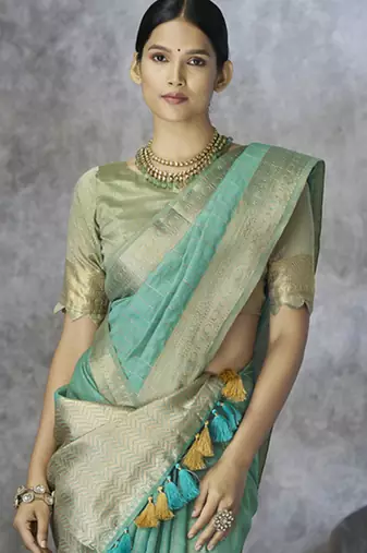 sky blue cotton silk festival wear saree