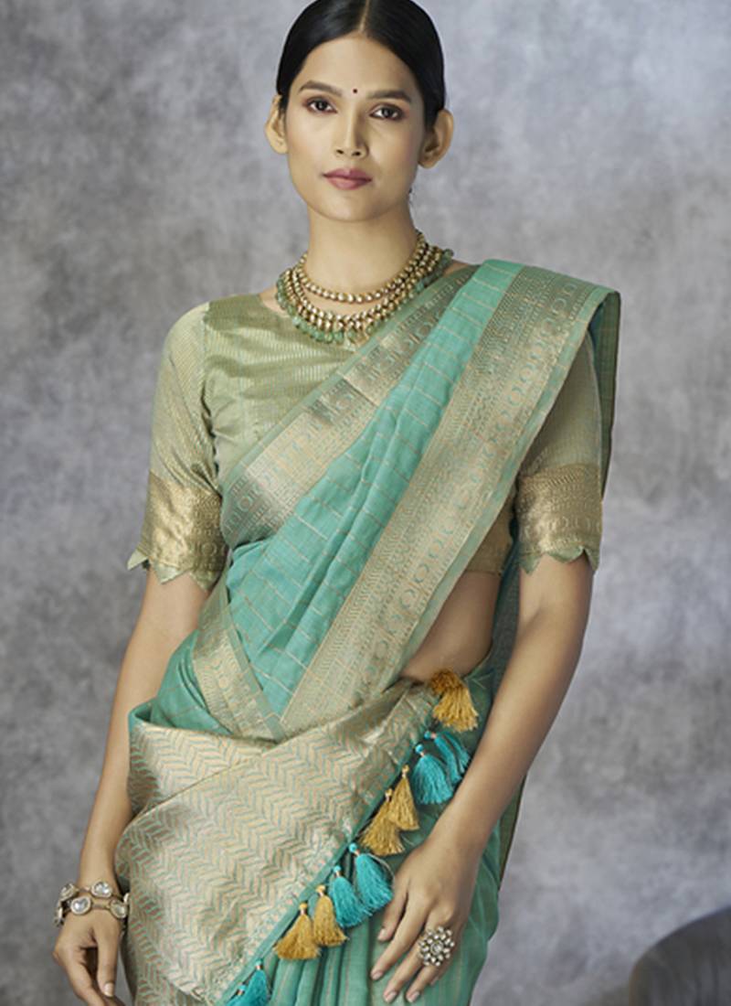 sky blue cotton silk festival wear saree