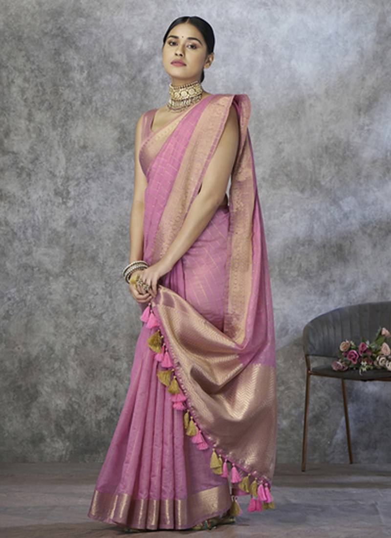 onion pink cotton silk festival wear saree