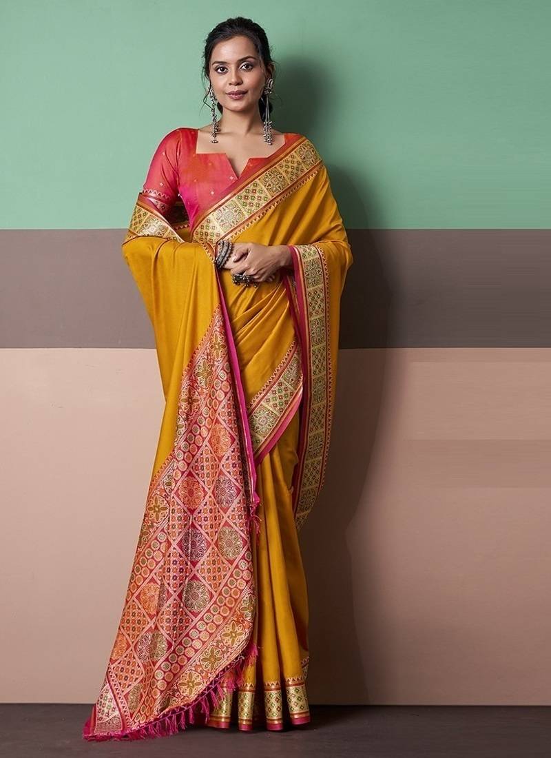 mustard patola silk blend casual wear saree