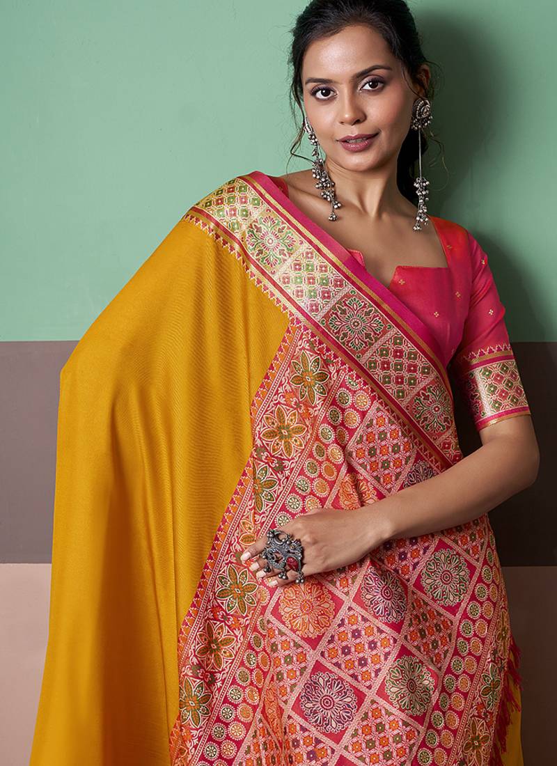 mustard patola silk blend casual wear saree