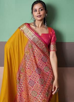 mustard patola silk blend casual wear saree 4