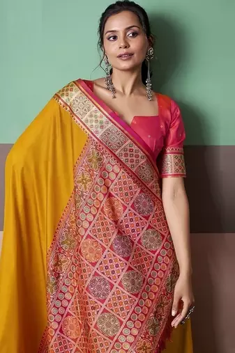 mustard patola silk blend casual wear saree