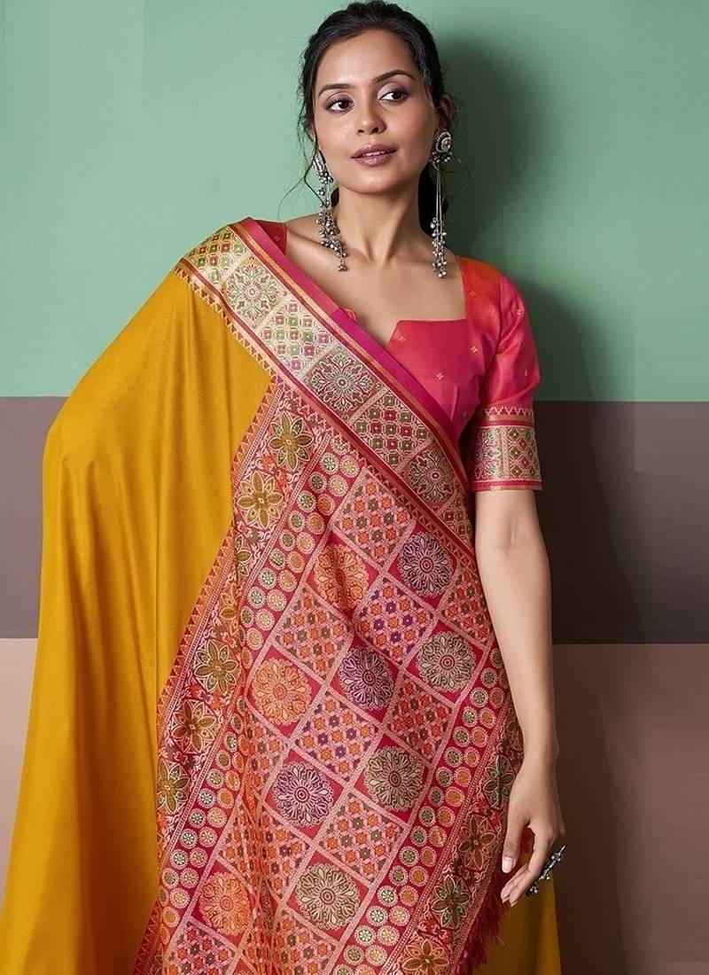 mustard patola silk blend casual wear saree