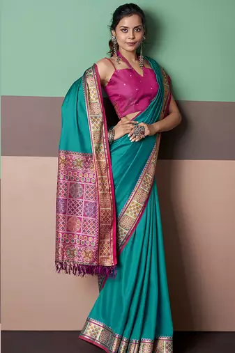 cyan patola silk blend casual wear saree