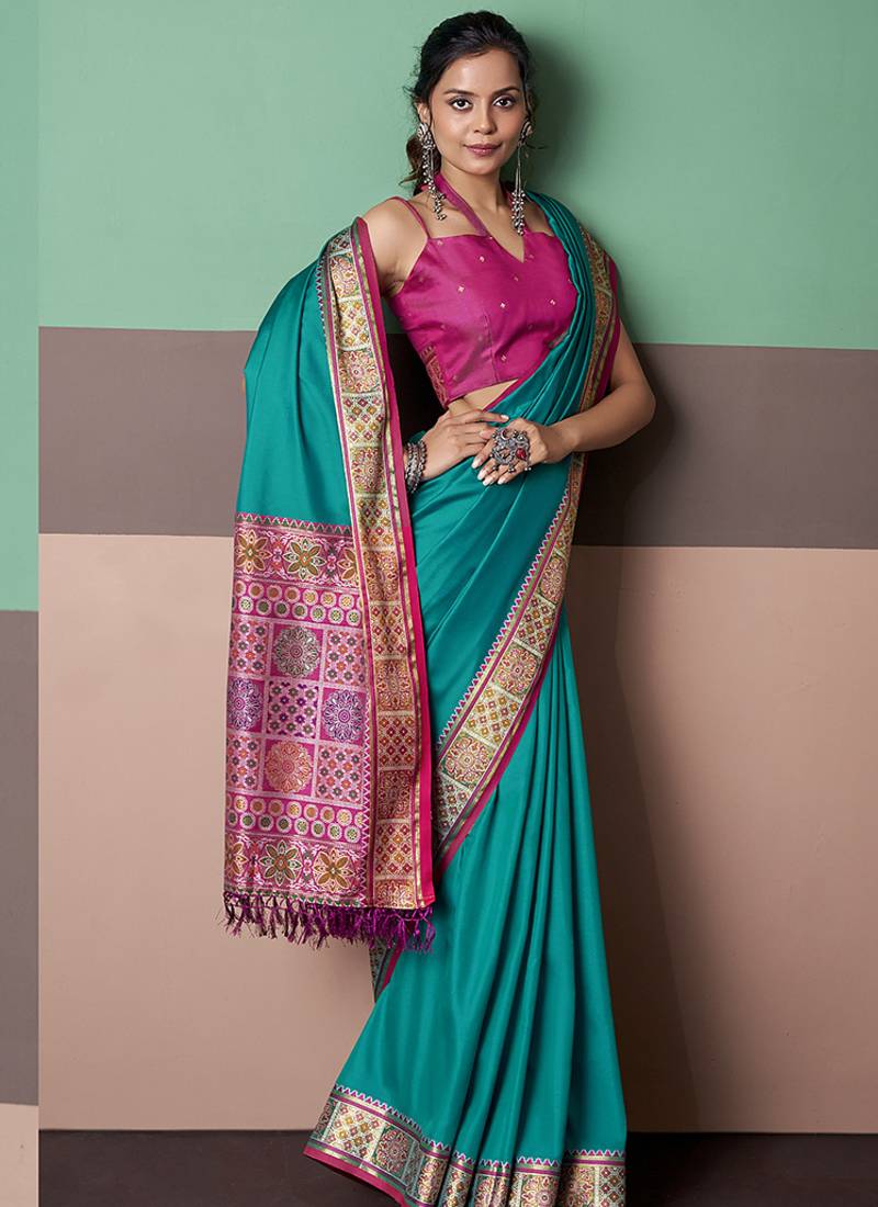 cyan patola silk blend casual wear saree