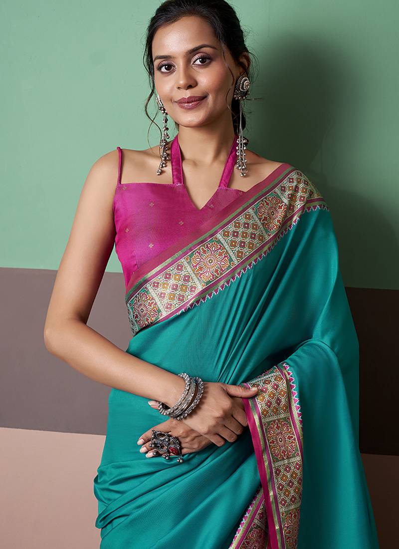 cyan patola silk blend casual wear saree