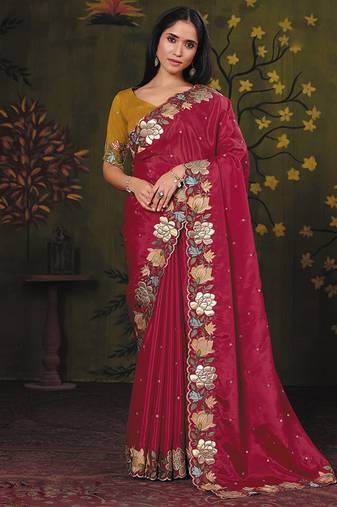wine crape floral motifs thread embroidery party wear saree