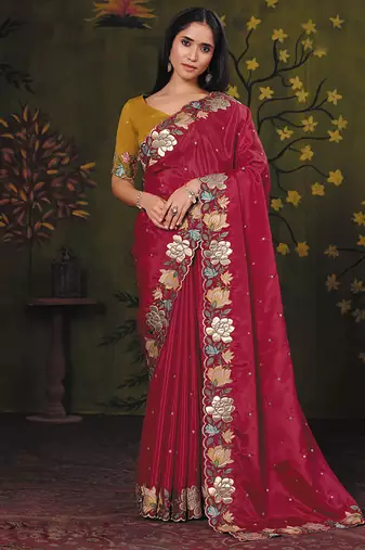 wine crape floral motifs thread embroidery party wear saree