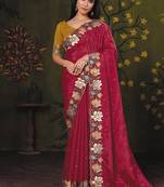 wine crape floral motifs thread embroidery party wear saree