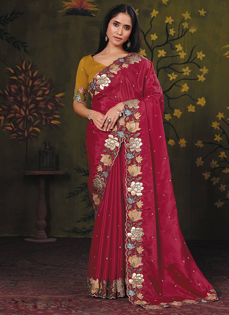 wine crape floral motifs thread embroidery party wear saree