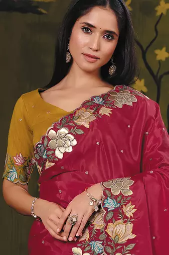 wine crape floral motifs thread embroidery party wear saree