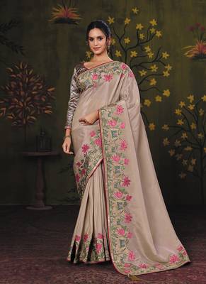 beige uppada silk blend kalamkari motifs multi thread embroidery party wear saree 1