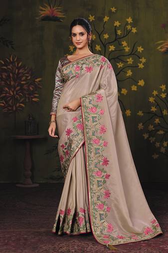 beige uppada silk blend kalamkari motifs multi thread embroidery party wear saree