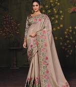 beige uppada silk blend kalamkari motifs multi thread embroidery party wear saree
