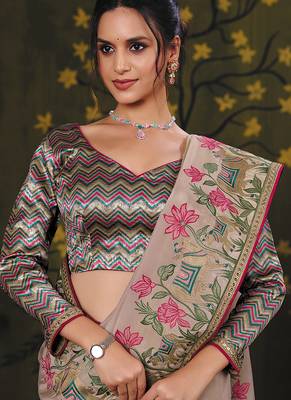 beige uppada silk blend kalamkari motifs multi thread embroidery party wear saree 2